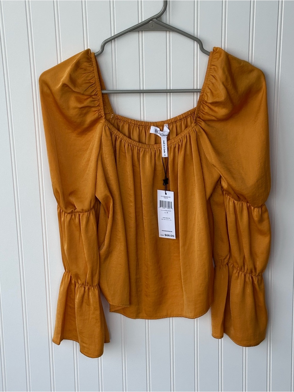 BCBGeneration Mustard Puff-Sleeve Square Neck Blouse